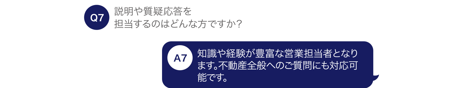 説明や質疑応答を担当するのはどんな方ですか？ 知識や経験豊富な各物件の営業担当者となります。不動産全般へのご質問にも対応可能です。