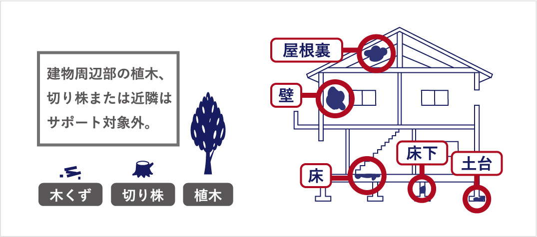 建物周辺部の植木、切り株または近隣はサポート対象外