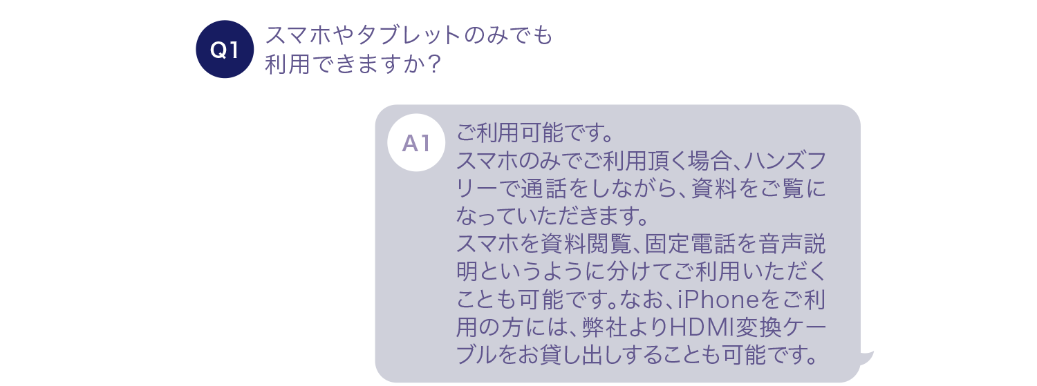 スマホやタブレットのみでも利用できますか？ ご利用可能です。スマホのみでご利用いただく場合、ハンズフリーで通話をしながら、資料をご覧になっていただきます。スマホを資料閲覧、固定電話を音声説明というように分けてご利用いただく事も可能です。