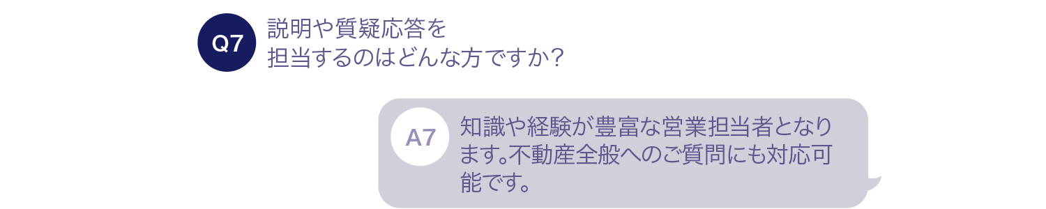 説明や質疑応答を担当するのはどんな方ですか？ 知識や経験豊富な各物件の営業担当者となります。不動産全般へのご質問にも対応可能です。