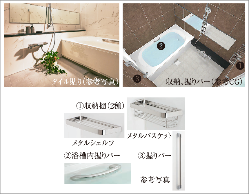 浴室の床・壁・浴槽エプロンはタイル仕上、ワイドミラー、収納棚、握りバー