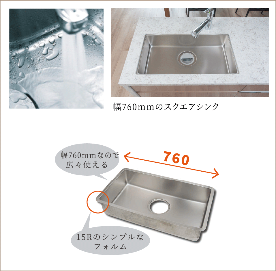 幅760mmの静音（低騒音）スクエアシンク