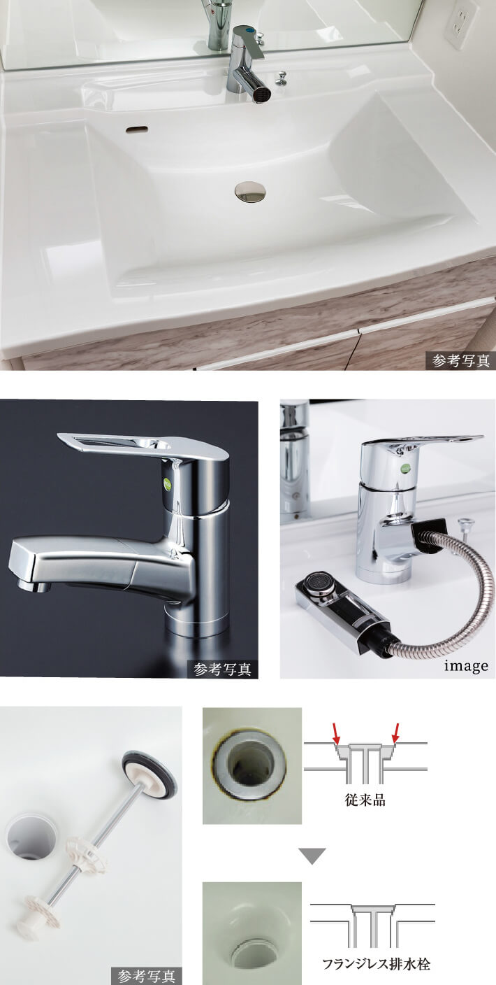 人造大理石天板・スクエアボウル一体型カウンターと節湯型のシングルレバー混合水栓