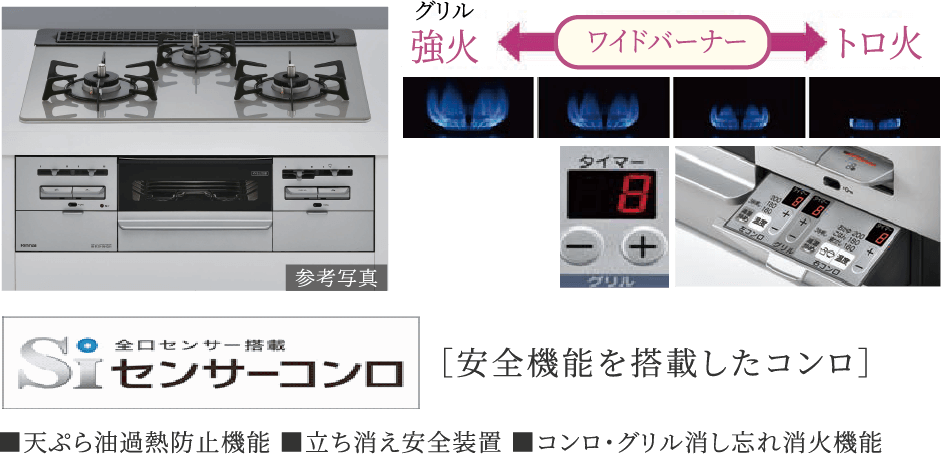 使い勝手の良いガラストップ・シルバーフェイス・無水両面焼き3口コンロ（Cタイプのみ片面焼グリル2口コンロとなります。）