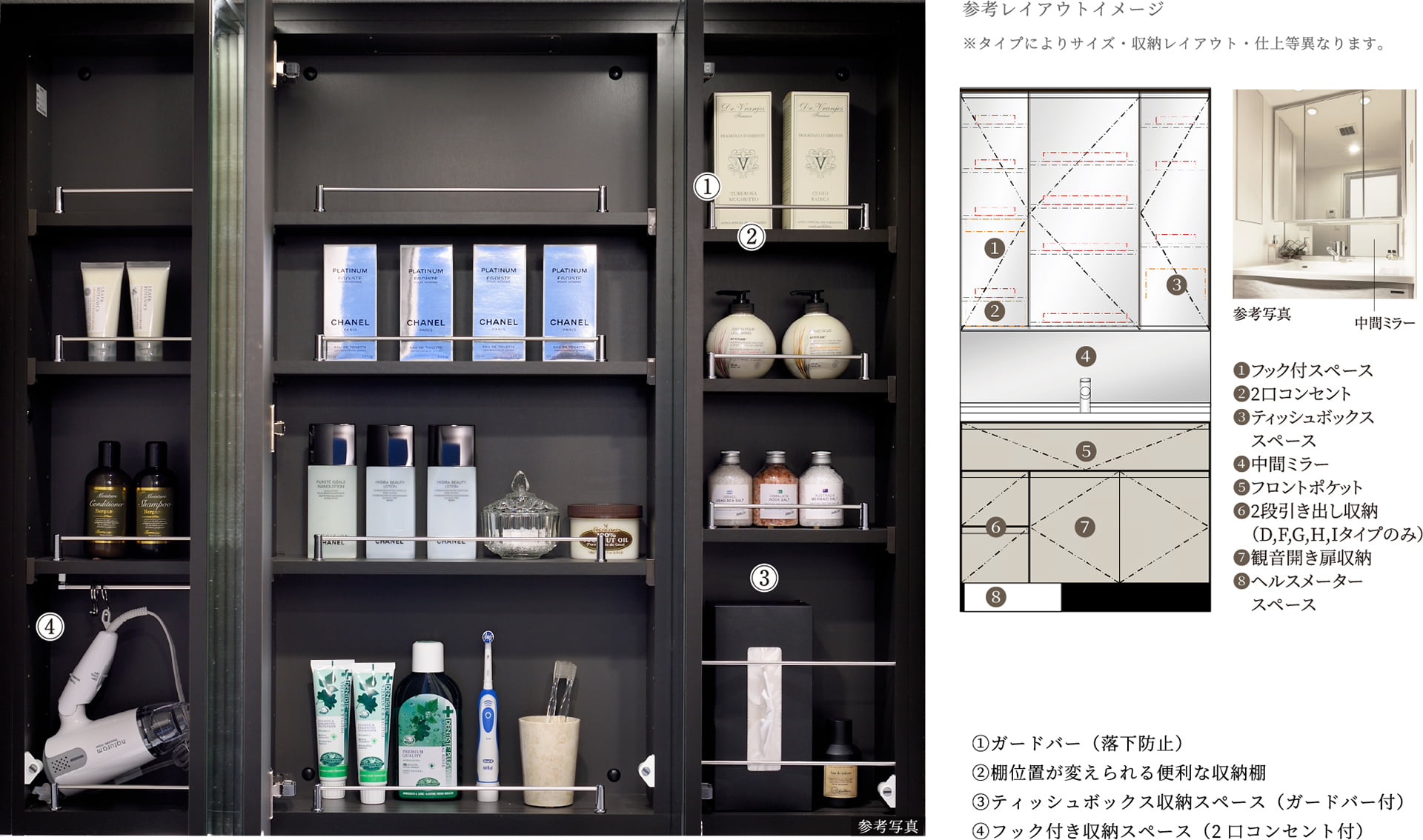 三面鏡扉裏収納と三面鏡下の中間ミラー