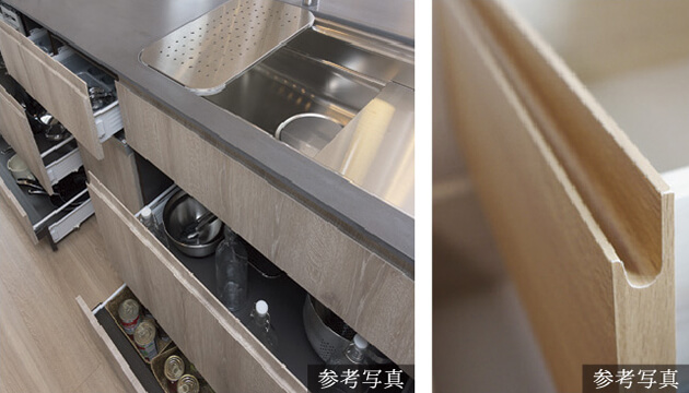 静かに閉まるスライド収納、メラスクープ手掛けJ形状