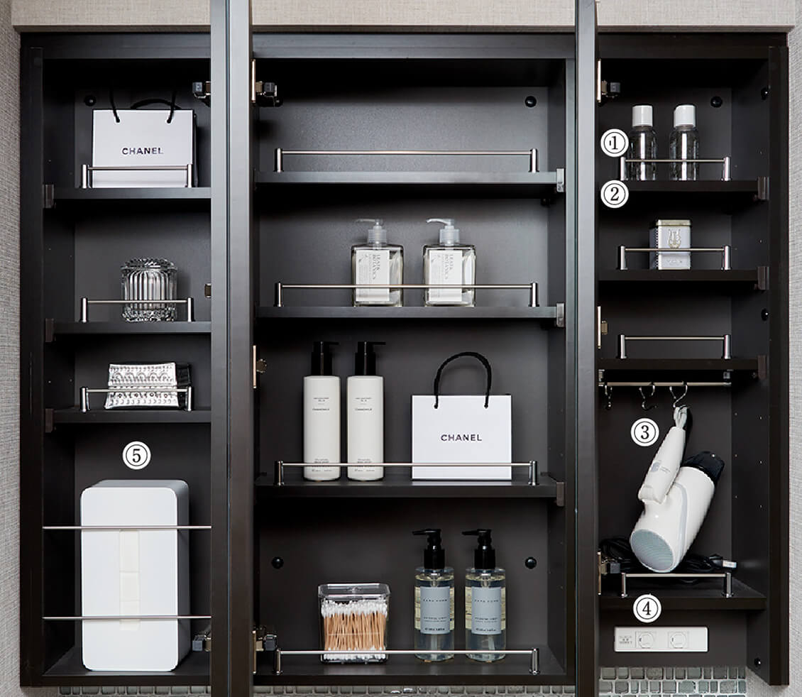 三面鏡扉裏収納と三面鏡下の中間ミラー