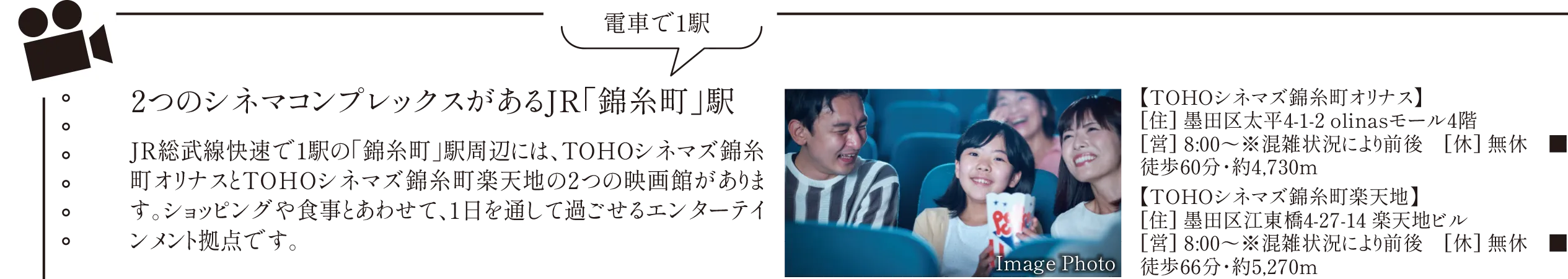 2つのシネコンで映画を楽しめるJR「錦糸町」駅。TOHOシネマズ錦糸町 楽天地・オリナス