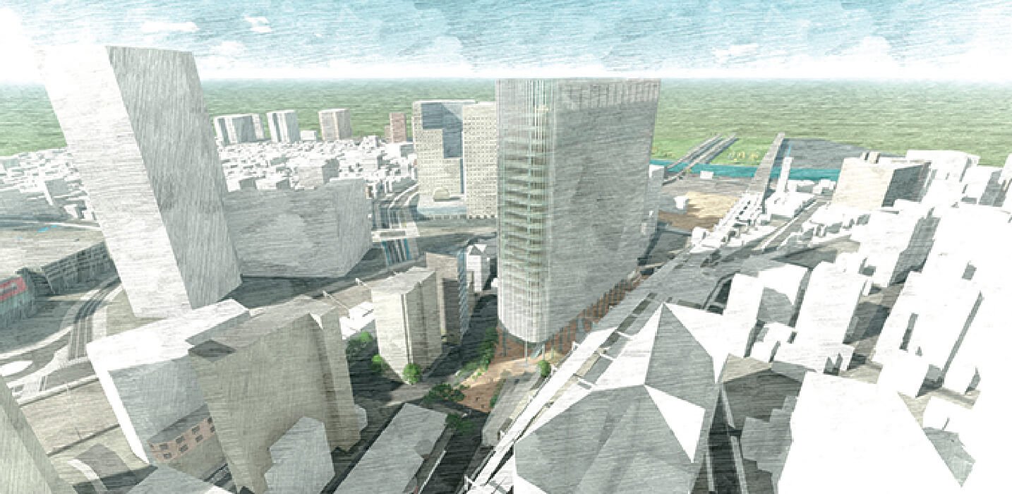 □京急川崎駅西口地区第一種市街地再開発事業鳥瞰図・提供完成予想図