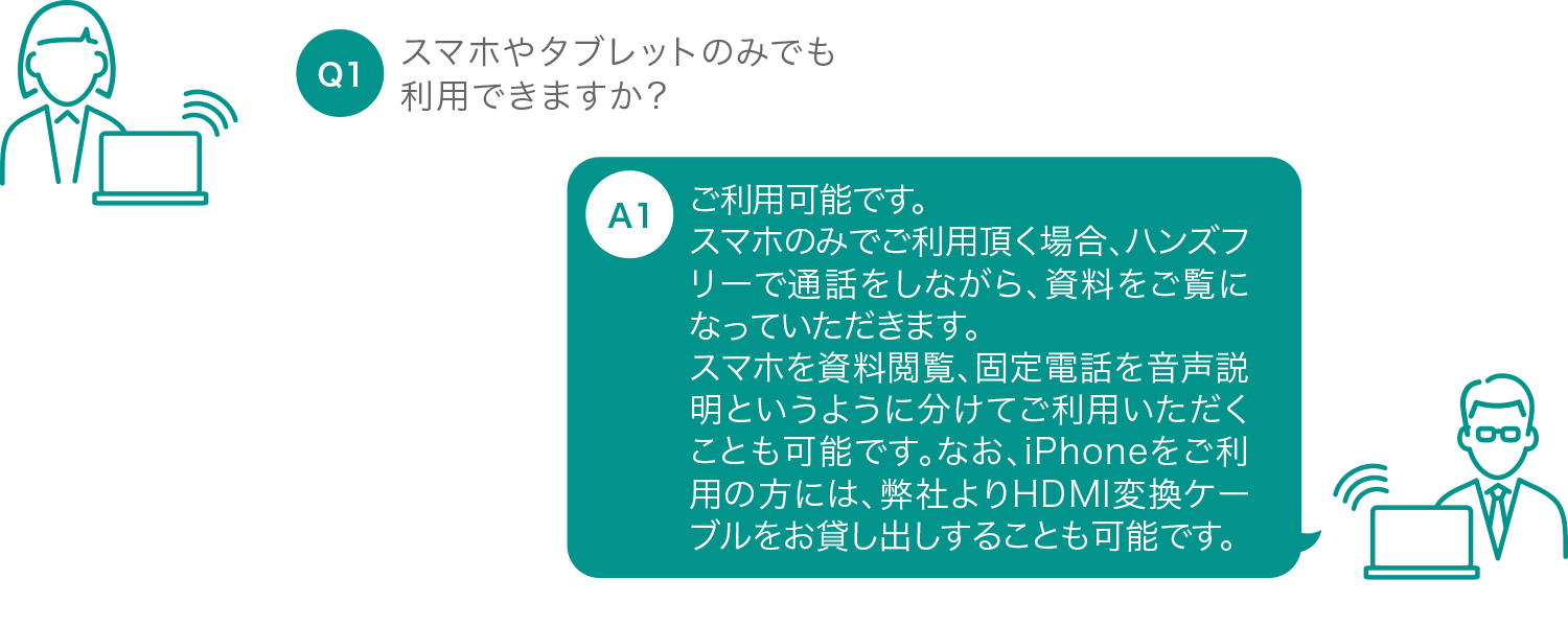 スマホやタブレットのみでも利用できますか？ ご利用可能です。スマホのみでご利用いただく場合、ハンズフリーで通話をしながら、資料をご覧になっていただきます。スマホを資料閲覧、固定電話を音声説明というように分けてご利用いただく事も可能です。