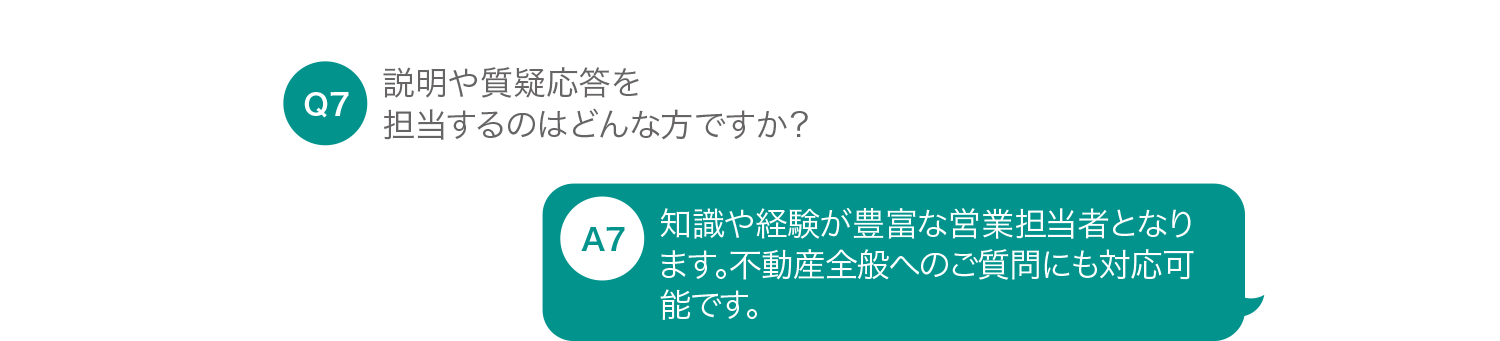 説明や質疑応答を担当するのはどんな方ですか？ 知識や経験豊富な各物件の営業担当者となります。不動産全般へのご質問にも対応可能です。