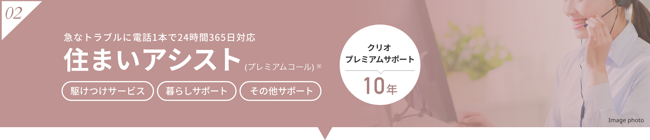 02 急なトラブルに電話1本で24時間365日対応 住まいアシスト(プレミアムコール)※1 駆けつけサービス 暮らしサポート その他サポート クリオ プレミアムサポート 10年