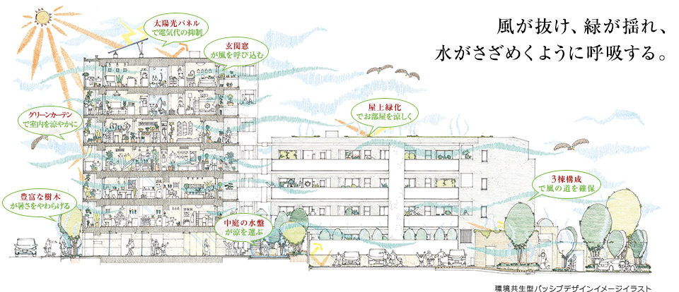 風が抜け、緑が揺れ、水がさざめくように呼吸する。 環境共生型パッシブデザインイメージイラスト